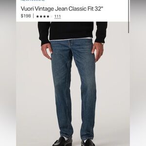 NWT Vuori Men’s Vintage Jean Classic - Size 36 x 32”